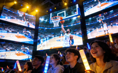 多屏幕体育赛事直播现场画面，观众沉浸观赛